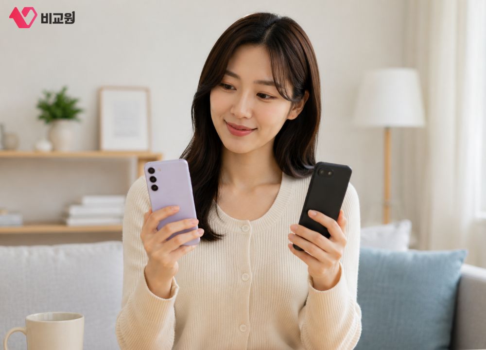 새 휴대폰, 중고폰 들고 있는 사용자 이미지