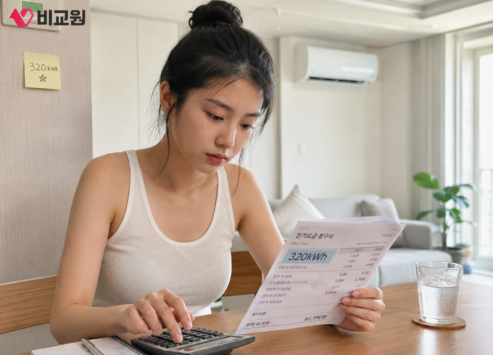 전기요금 청구서 보고 계산하는 모습