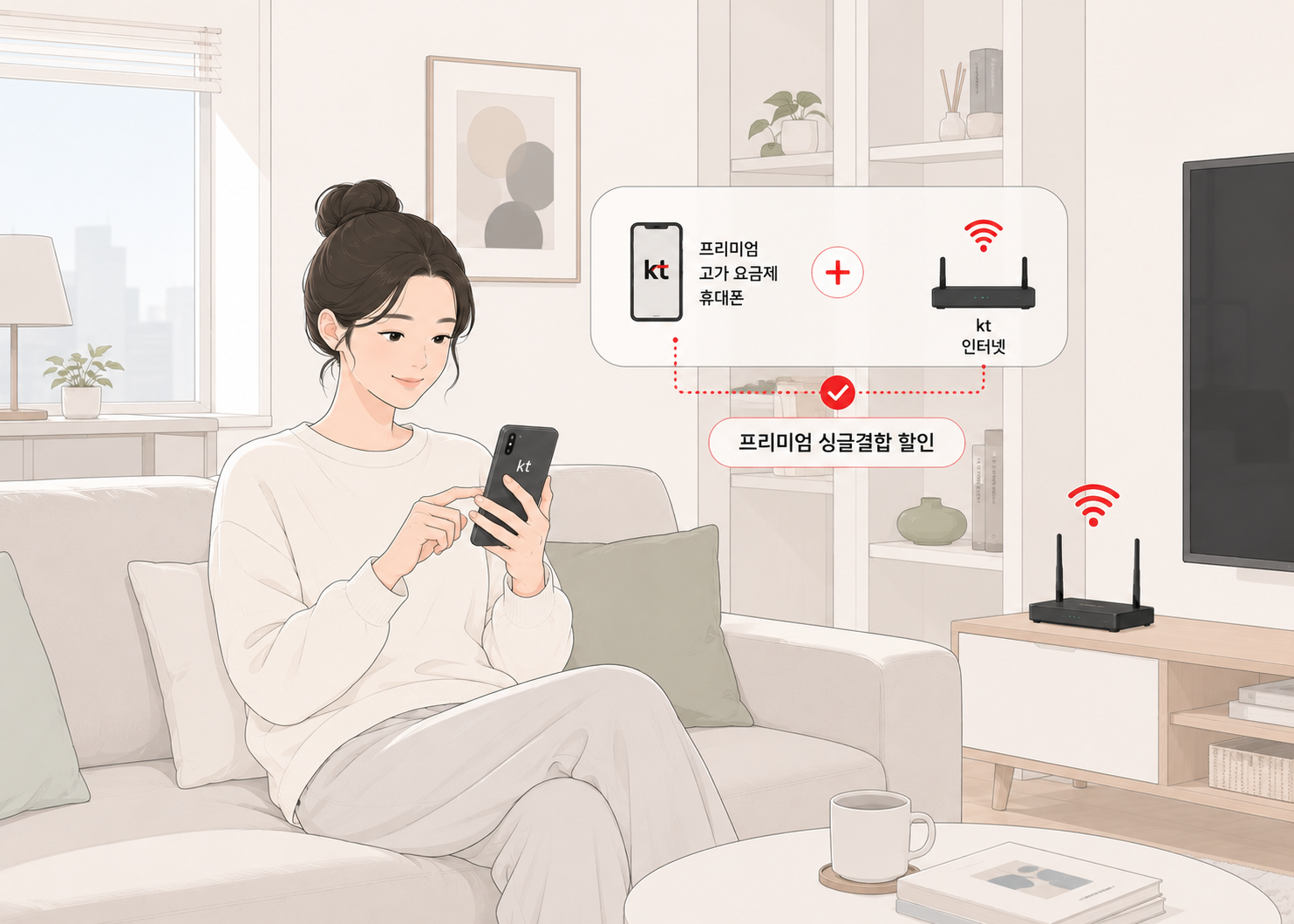 KT 프리미엄 싱글결합 가입 조건에 충족하여 이용 중인 고객 이미지