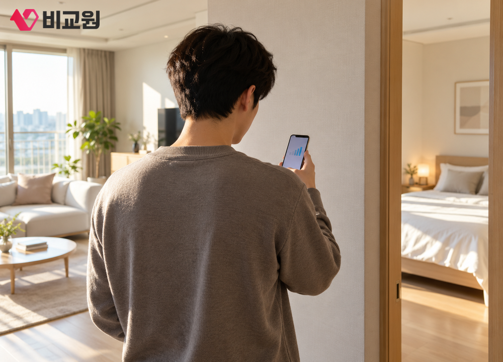 아파트 거실과 안방 사이 벽을 두고 와이파이 신호를 확인하는 모습