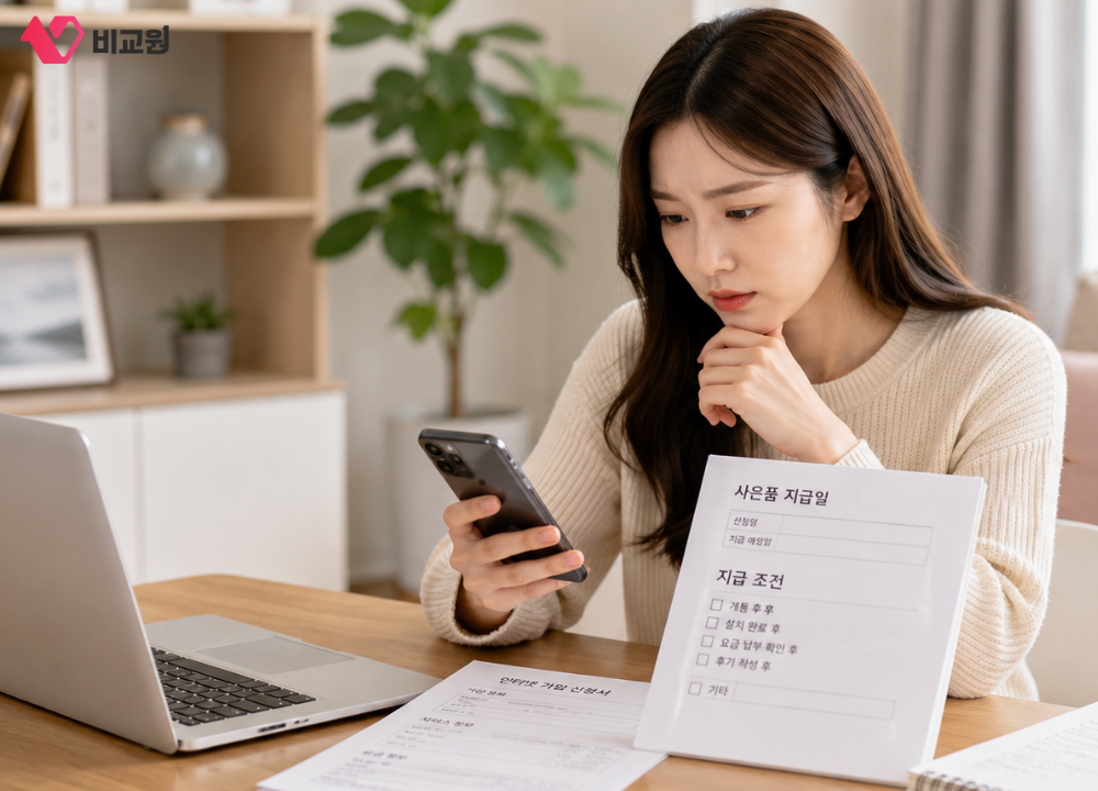 인터넷 가입 전 사은품 지급 조건 확인하는 모습