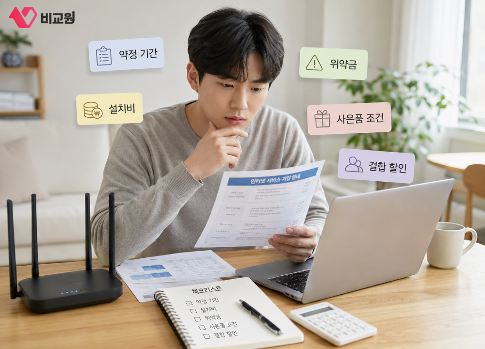 SK 인터넷 가입 전 약정기간, 위약금, 사은품 조건, 설치비, 결합 할인 등을 꼼꼼히 살펴보는 모습