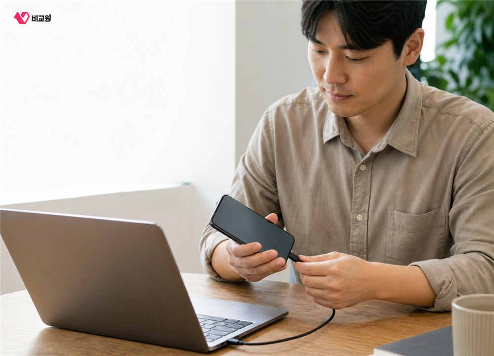 휴대폰을 USB 케이블로 노트북에 연결하는 모습