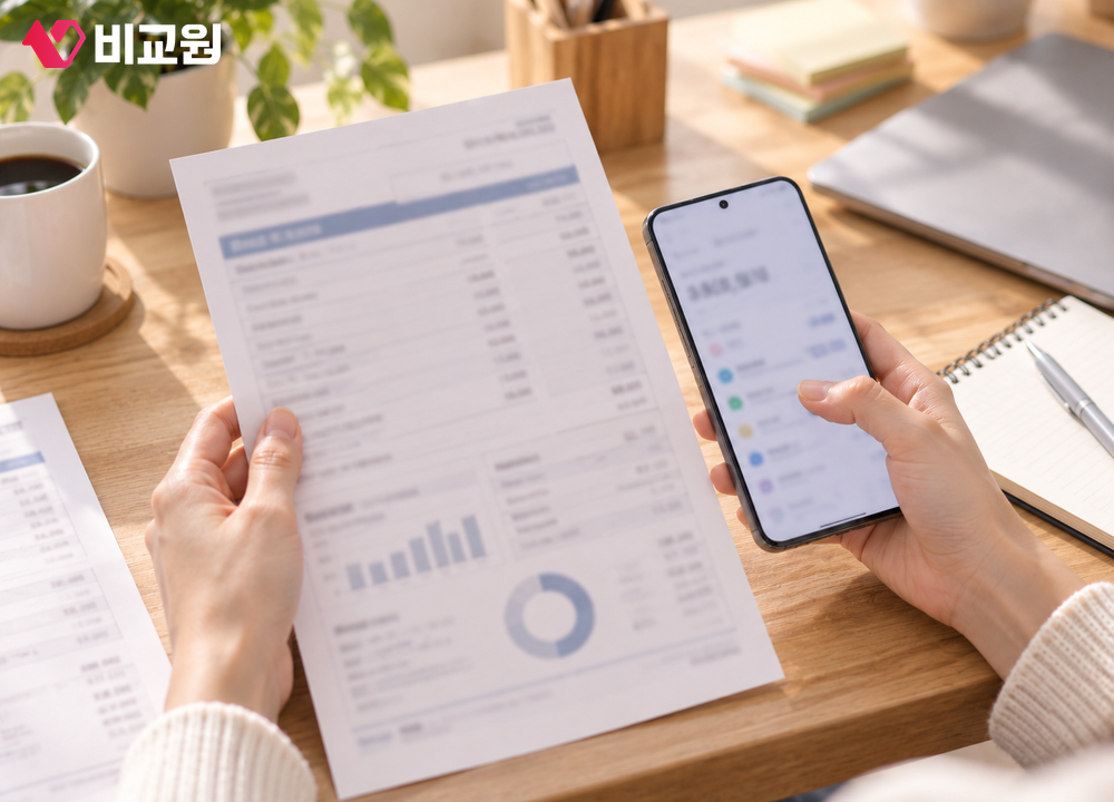 스마트폰 요금 명세서를 손에 들고 확인하는 모습