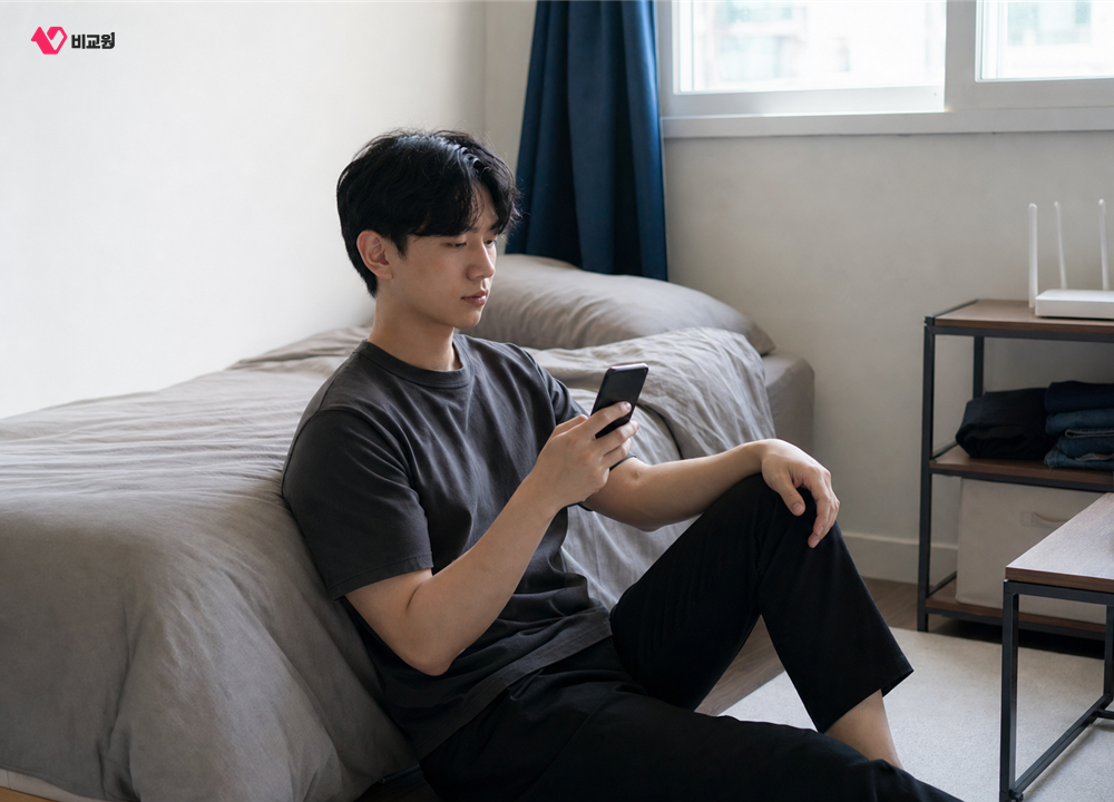 원룸에서 혼자 스마트폰을 보는 모습과 선반 위 공유기