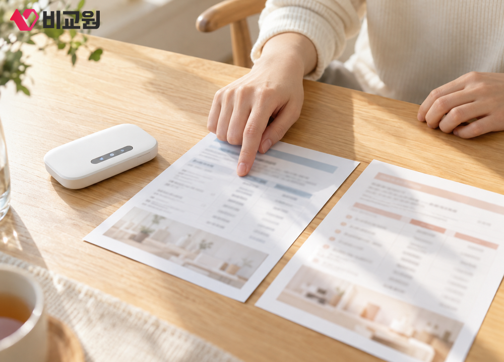 식탁 위에 휴대용 와이파이 기기를 두고 요금 안내문 두 장을 비교하는 손