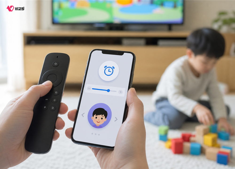 부모가 스마트폰으로 아이의 TV 시청시간을 설정하는 모습