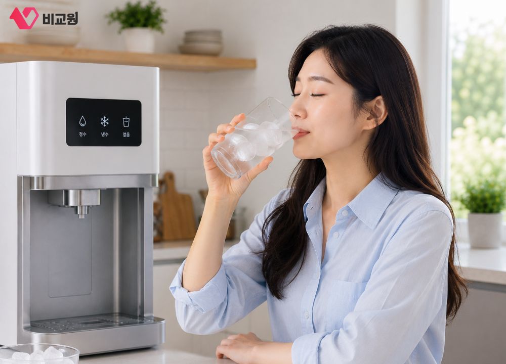 정수기 얼음물 마시고 있는 모습