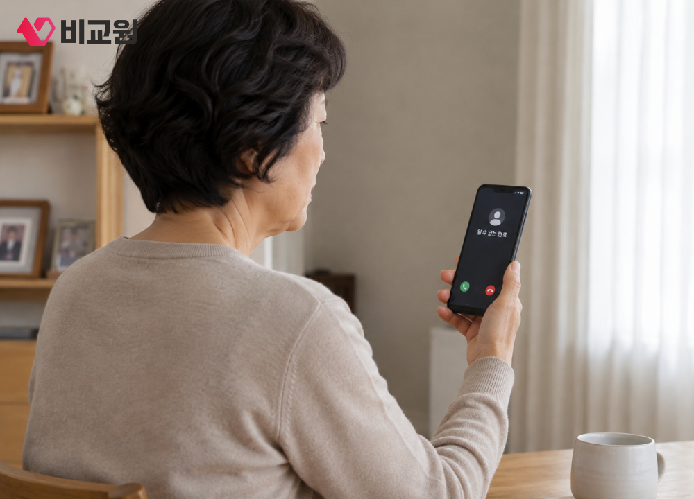 모르는 전화번호로 걸려온 전화 받을지 말지 고민하는 모습