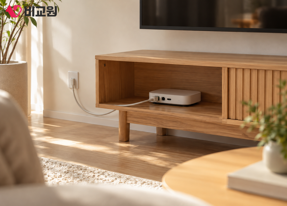 거실 TV 아래 셋톱박스와 유선 인터넷 선이 깔끔하게 연결된 모습