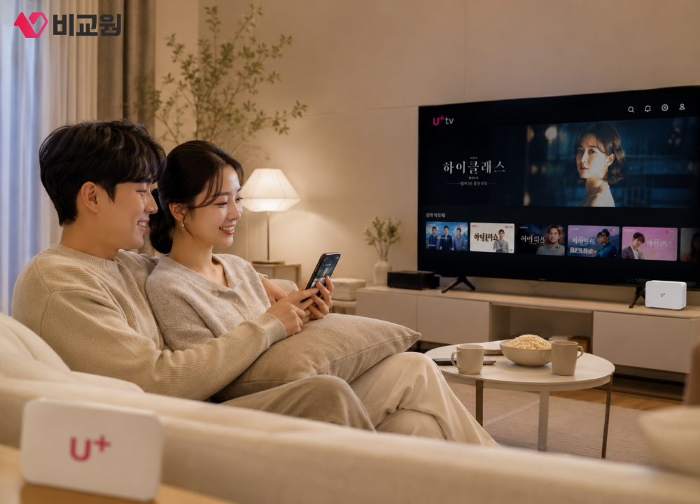 LG 유플러스 유독 서비스를 통해 OTT를 시청하고 있는 신혼부부 모습