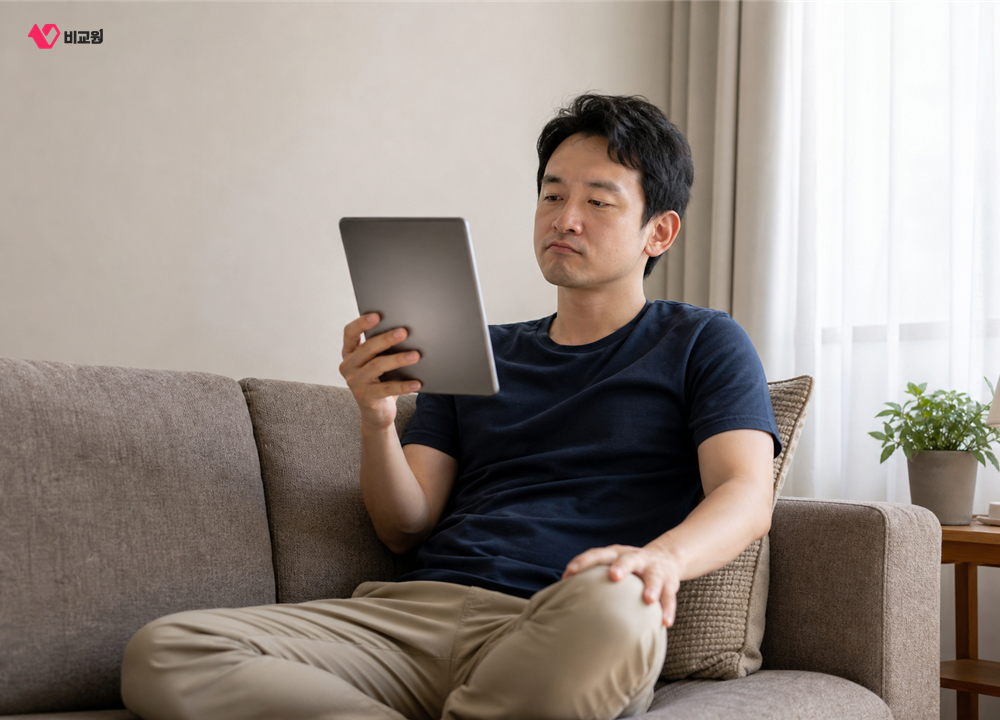 거실 소파에서 태블릿 화면이 열리기를 기다리는 사용자의 모습