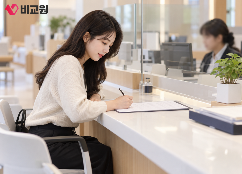 구청 민원실 창구에서 지원 신청서를 작성하는 20대 여성의 모습