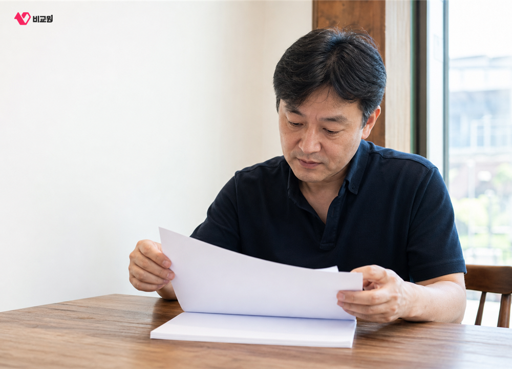 식탁에서 백지 서류를 한 장씩 넘겨보며 확인하는 모습