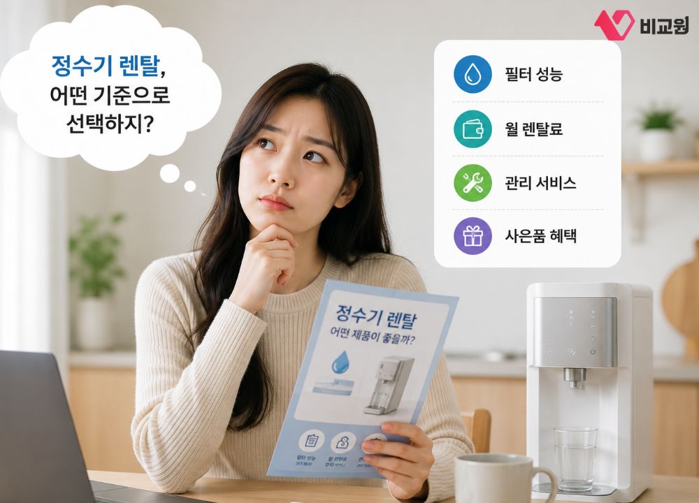 정수기 렌탈할 때 어떤 기준으로 선택할 지 생각하는 모습