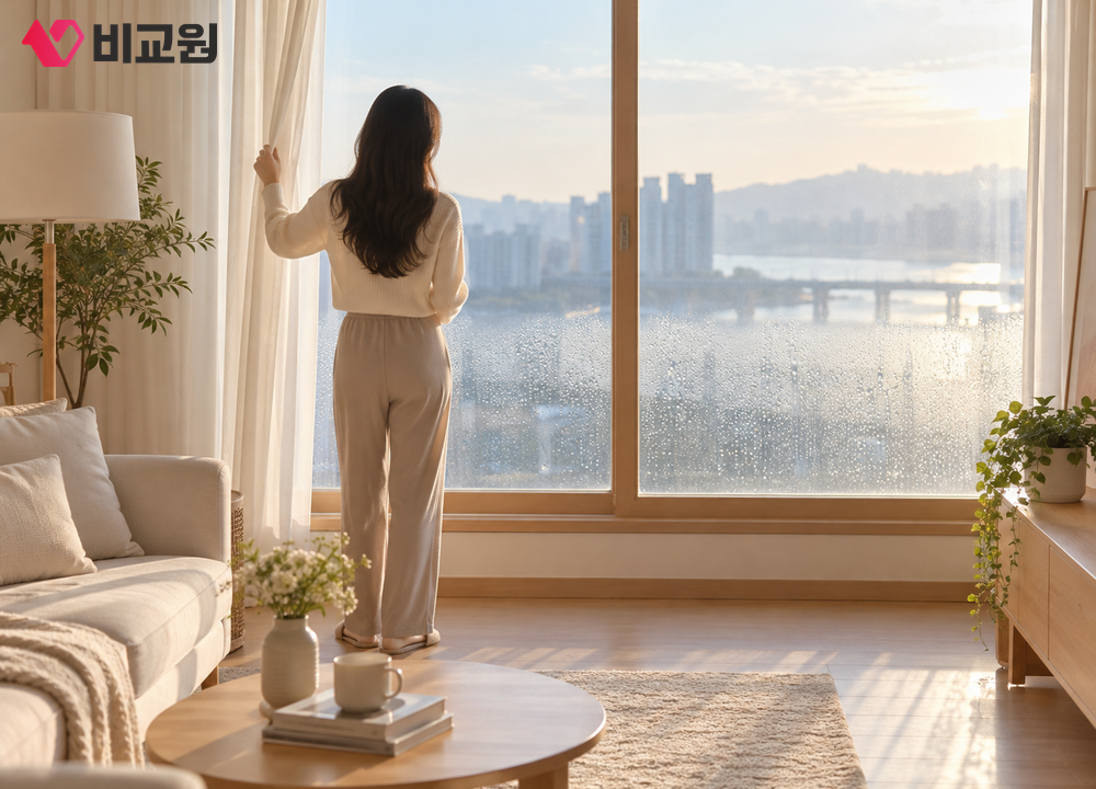 아침에 커튼을 걷고 창밖을 바라보며 창문 상태를 확인하는 20대 여성의 뒷모습