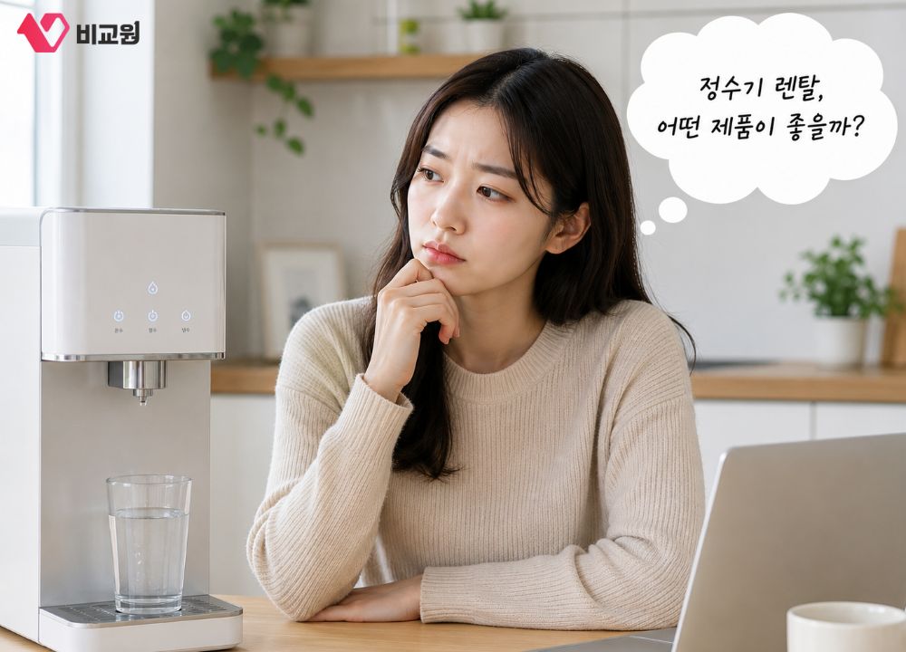 정수기 렌탈 어떤 제품이 좋을지 고민하는 모습