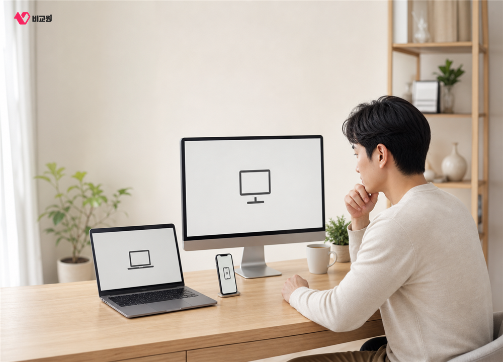 노트북과 휴대폰으로 원격 PC 접속 방법을 고르는 모습