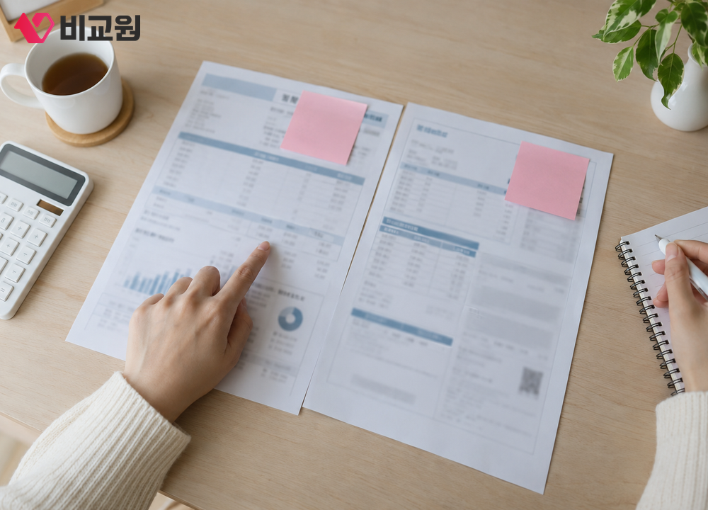 전기요금 고지서 두 장을 나란히 놓고 수신료 부분을 손가락으로 짚어 보는 모습