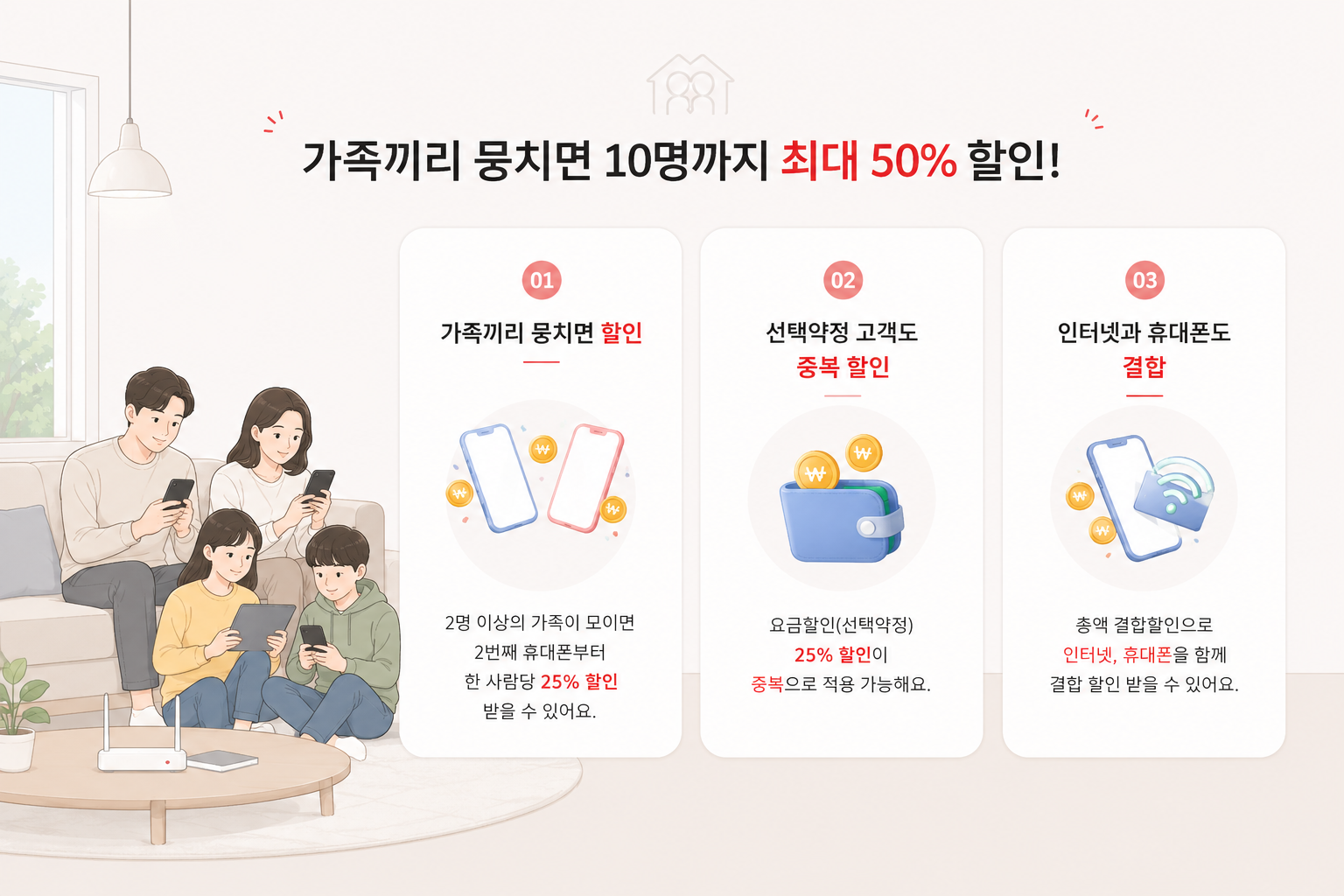 가족끼리 뭉치면 10명까지 최대 50프로 안내 이미지