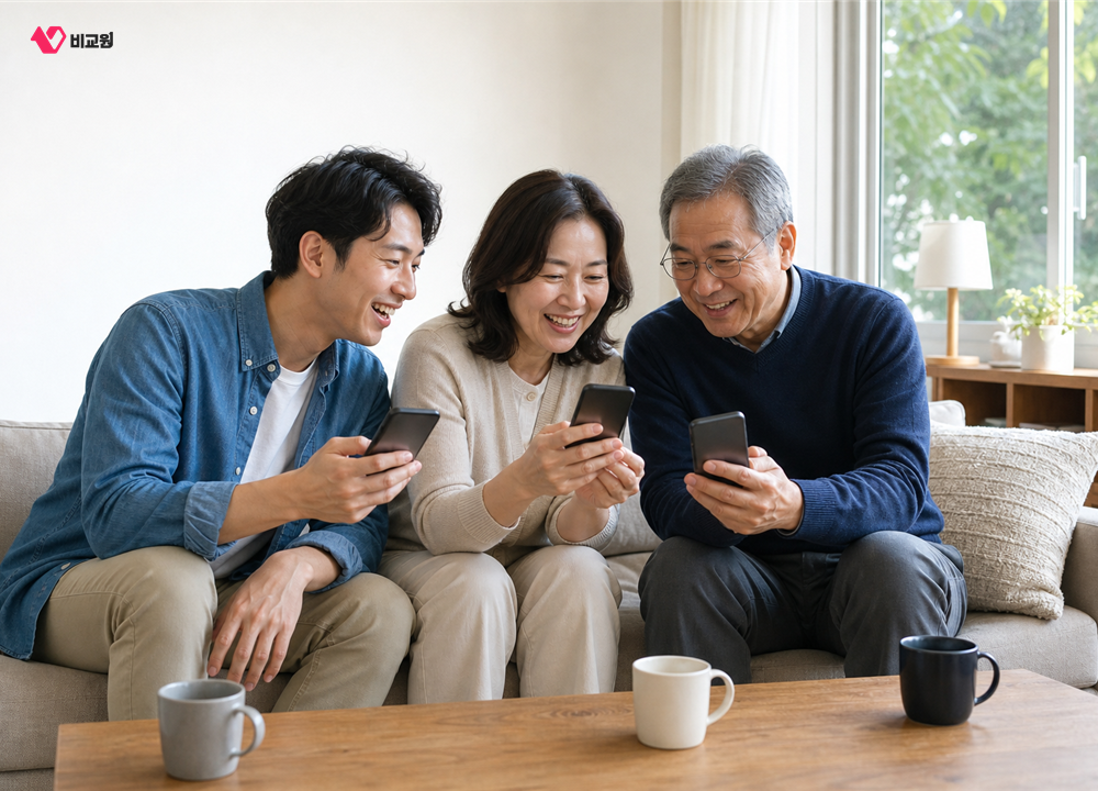 거실 소파에서 세 식구가 각자 휴대폰을 보며 이야기하는 모습