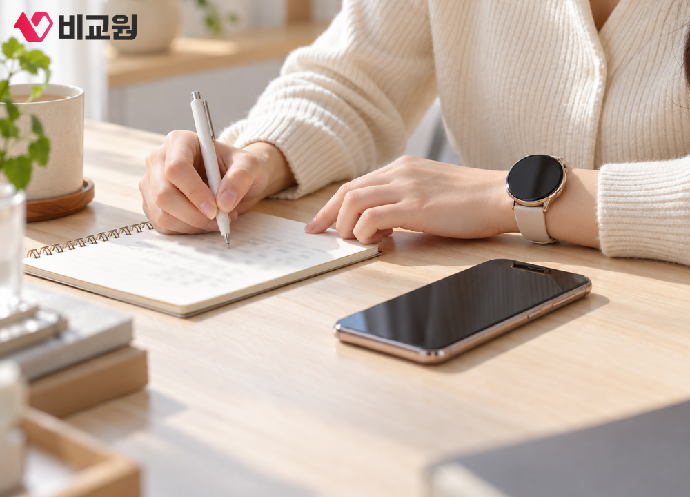 휴대폰과 갤럭시워치를 나란히 두고 요금제를 비교하는 모습