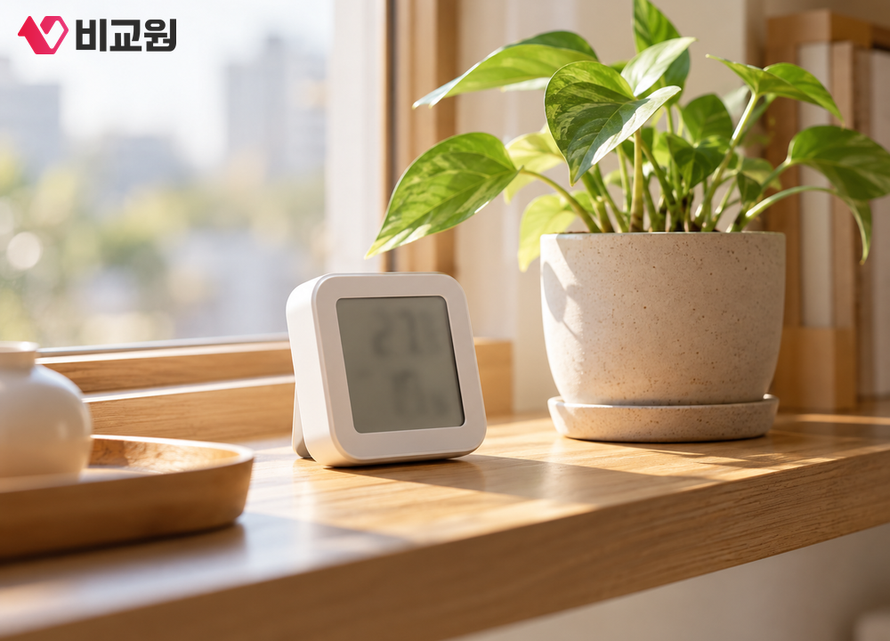 창가 선반 위 화분 옆에 놓인 디지털 습도계