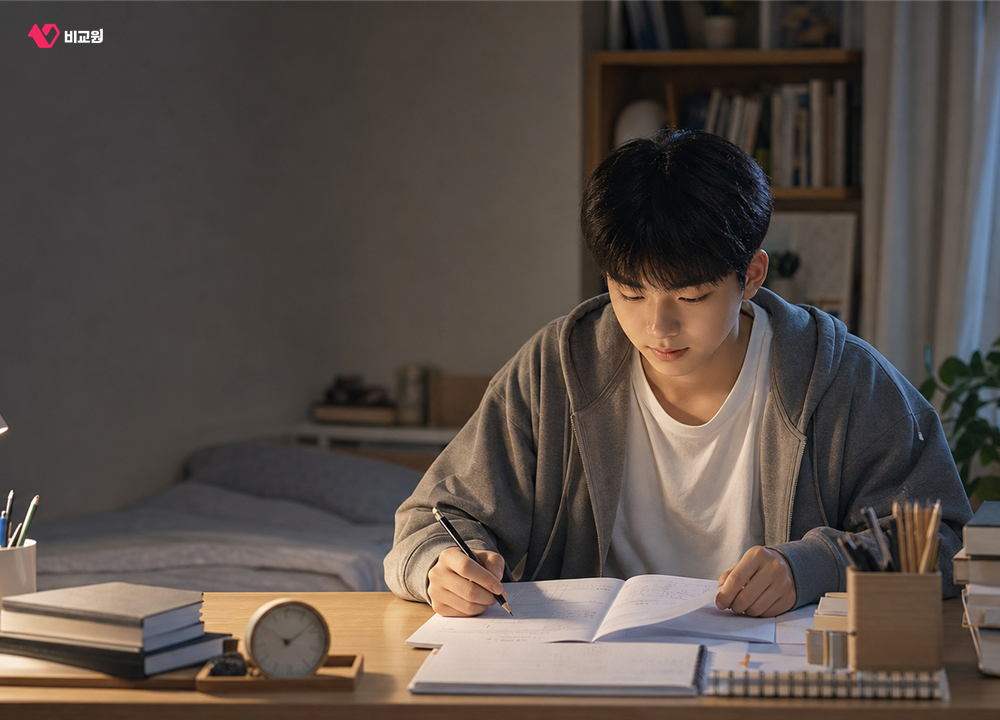 시험 준비물을 확인한 뒤 차분하게 공부를 마무리하는 수험생
