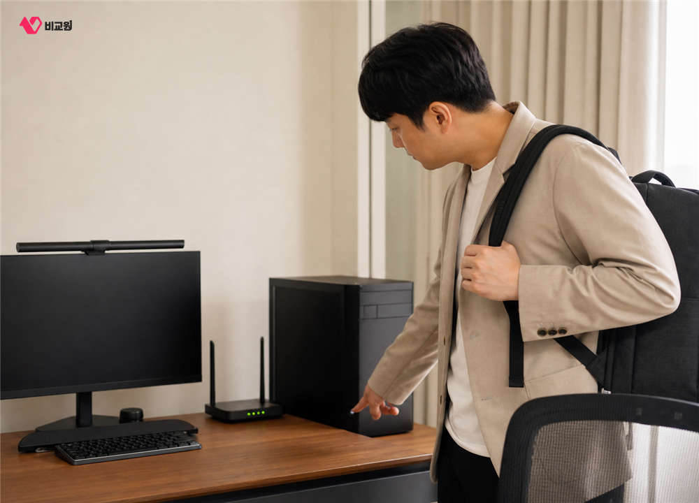 외출 전 PC의 전원과 절전 상태를 확인하는 모습