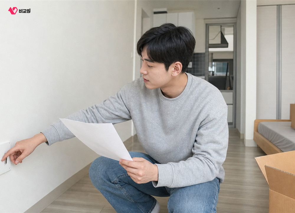 새로 이사한 원룸에서 인터넷 설치 조건을 확인하는 입주자