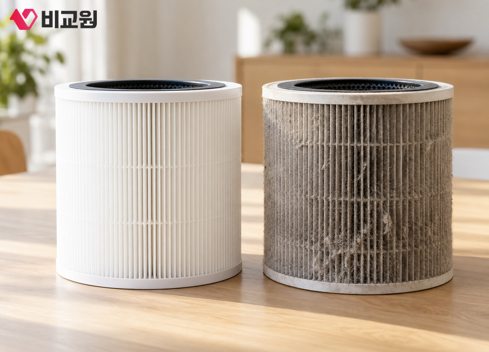 새 필터와 쓰던 필터를 나란히 놓고 비교하는 모습