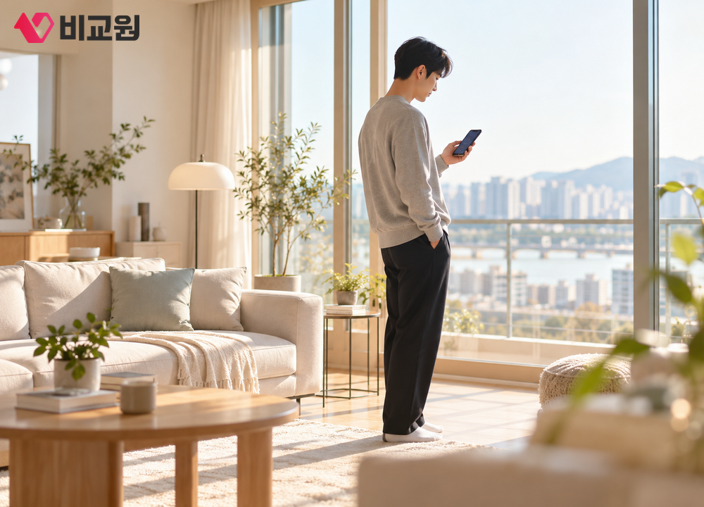 거실에서 휴대폰으로 와이파이 속도 측정 앱을 실행하는 모습