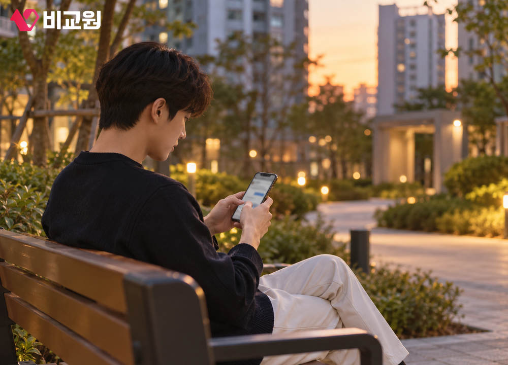 20대 남성이 휴대폰으로 가족 단체 대화방에 주의 메시지를 남기는 모습의 뒷모습