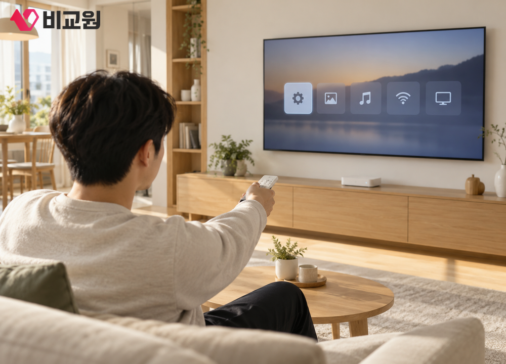 리모컨으로 셋톱박스 설정 메뉴를 열어 보는 20대 남성의 모습