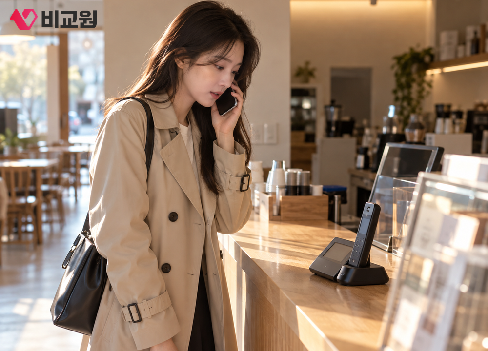 아침 가게 문을 열며 유선전화기 앞에서 휴대폰으로 시험 전화를 거는 20대 여성의 모습