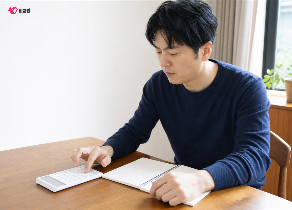 식탁에서 계산기로 금액을 따져보는 모습