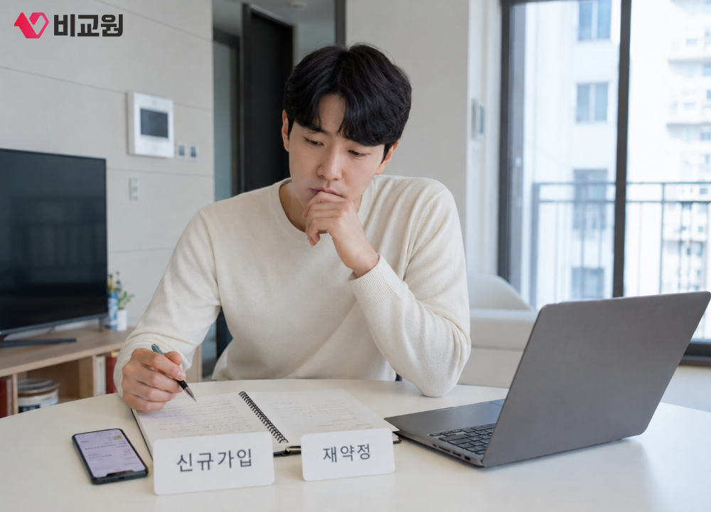 인터넷 약정 만료 전 신규가입, 재약정 고민하는 모습