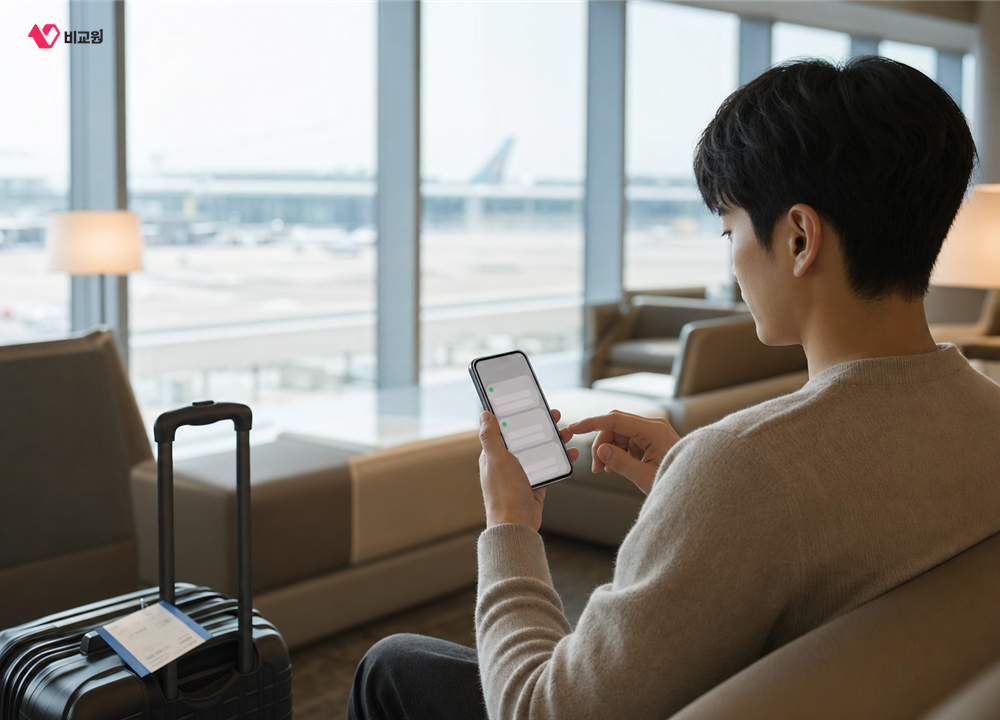 공항 라운지에서 듀얼 SIM 회선과 한국 문자 수신을 확인하는 여행자