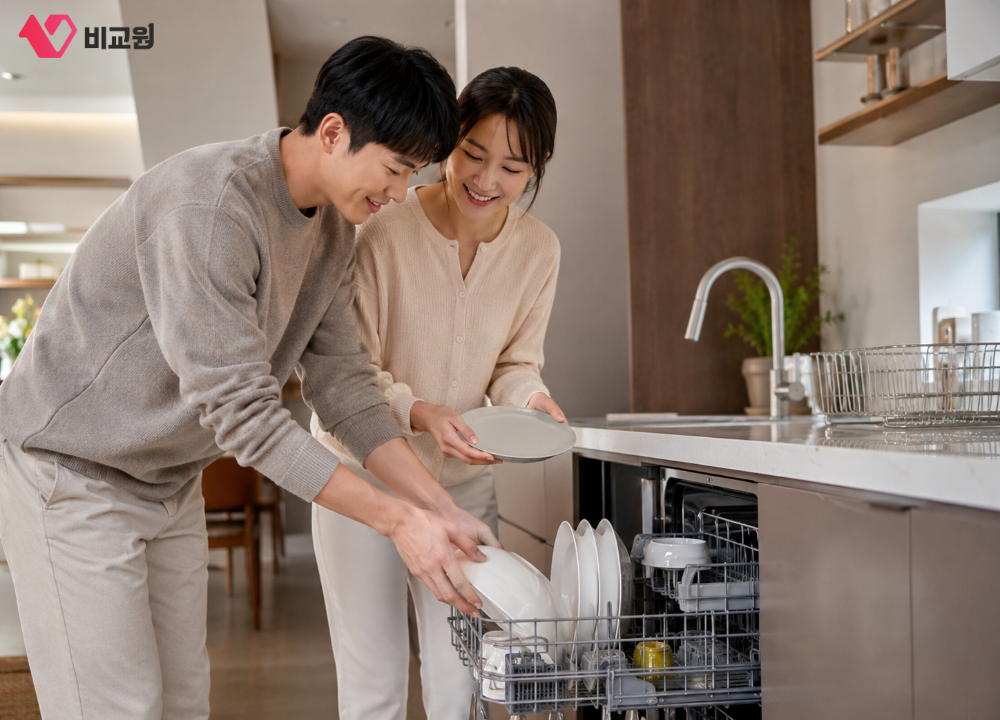 맞벌이 신혼부부가 식기세척기 사용하는 모습