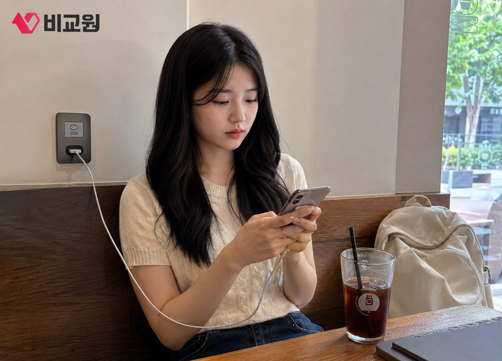 카페에서 공용충전기 이용하는 여대생 모습