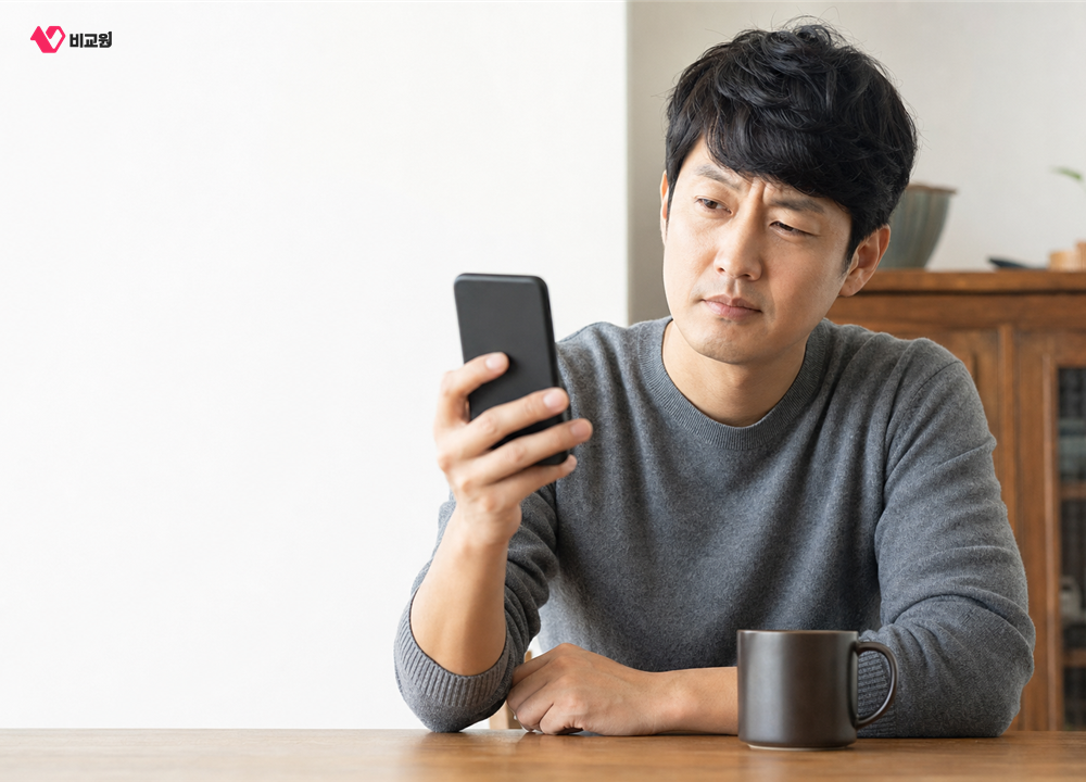 식탁에서 스마트폰 화면을 보며 통화 내용을 의심스러워하는 모습