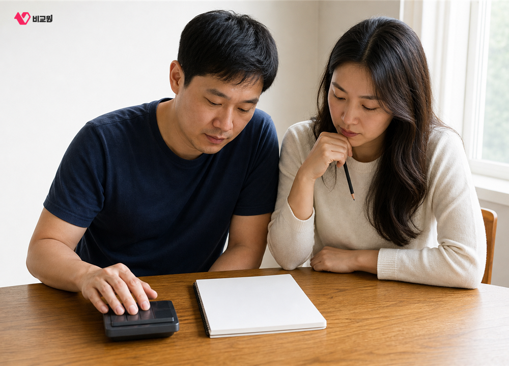 계산기를 두고 마주 앉아 예산을 따져보는 신혼부부