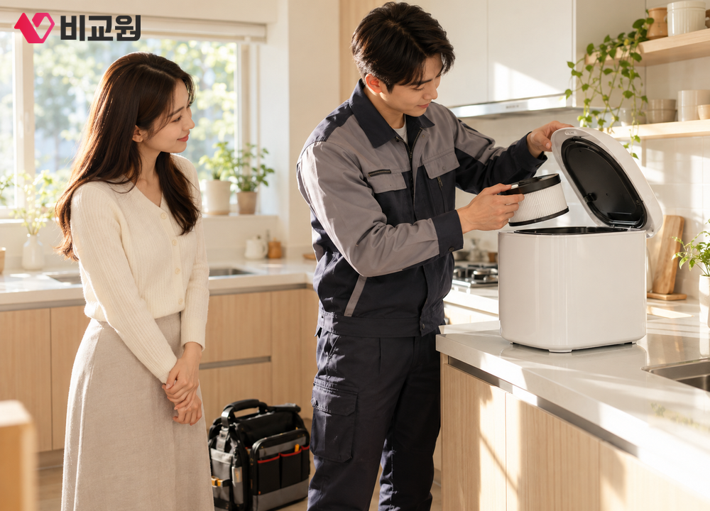 관리 기사가 주방에서 음식물처리기를 점검하는 모습을 20대 여성이 지켜보는 장면