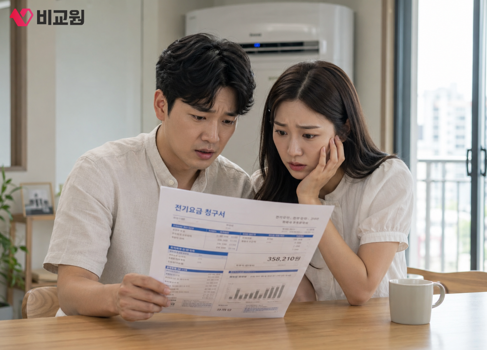 전기요금 청구서를 보고 고민에 빠진 신혼부부 모습
