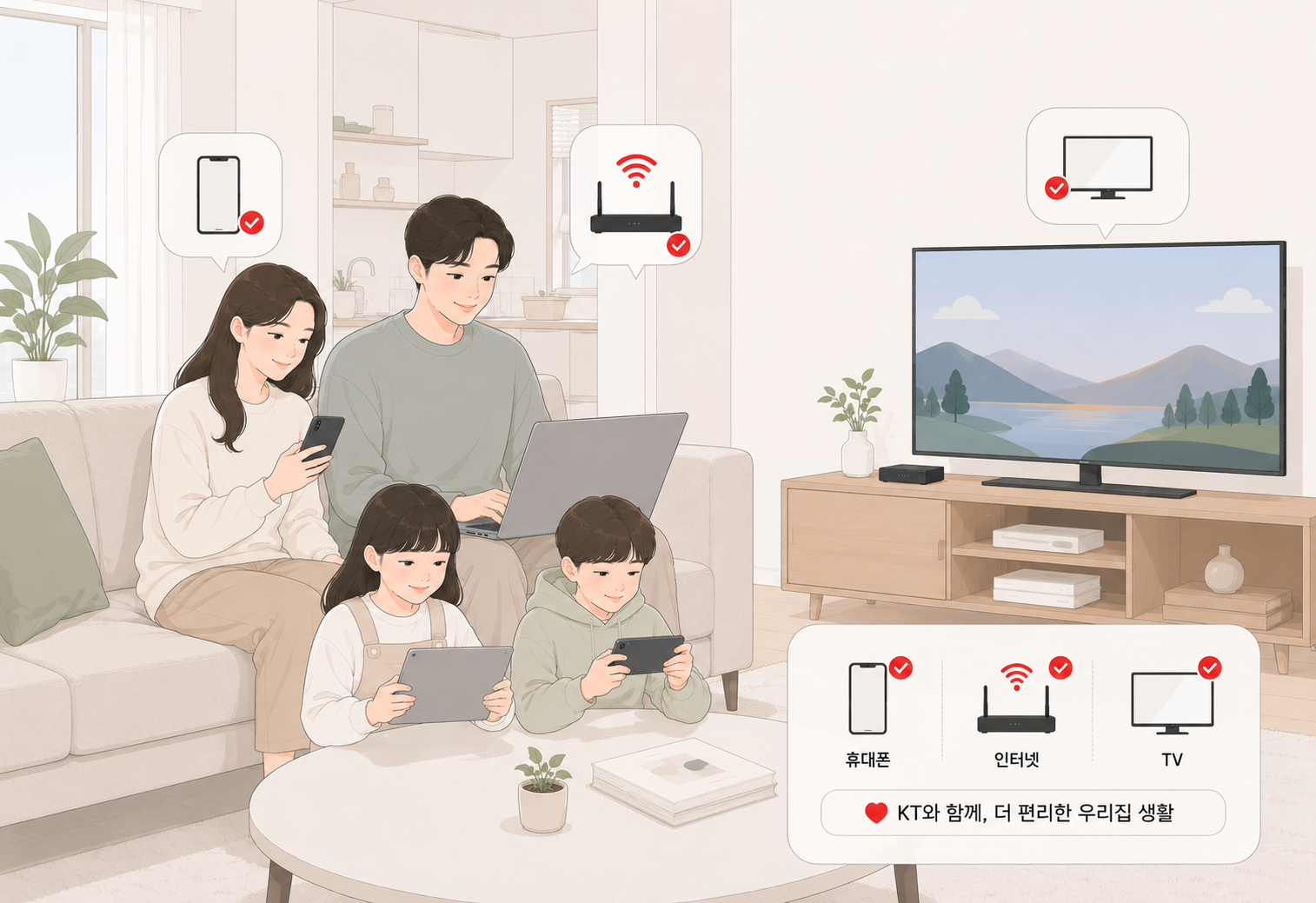 인터넷, TV, 휴대폰, 태블릿PC 등 KT총액결합할인 상품을 이용 중인 4인가족 모습