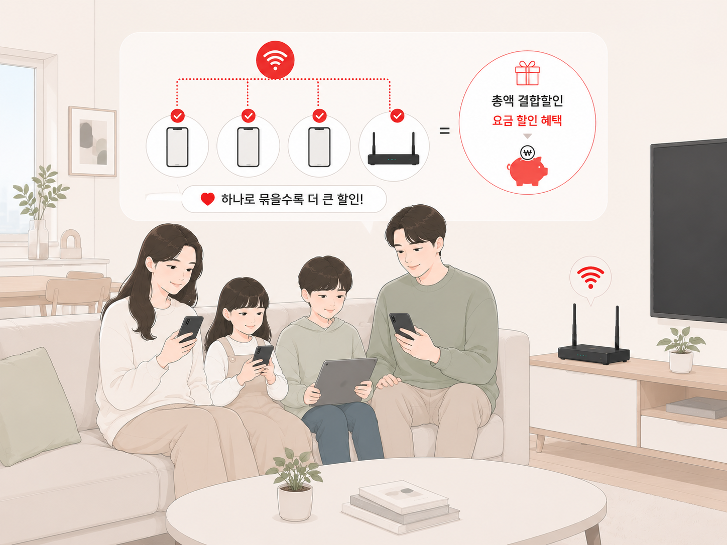 KT 총액결합할인으로 요금 할인 혜택을 받은 4인 가족 모습
