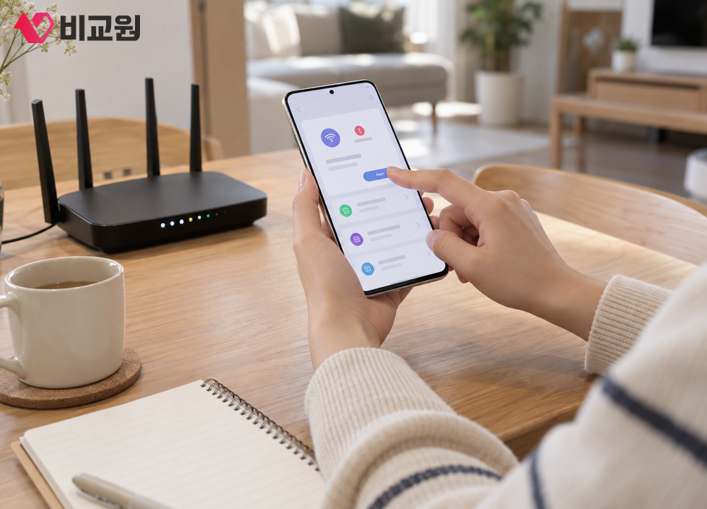 인터넷 공유기의 표시등을 살펴보며 상태를 점검하는 모습