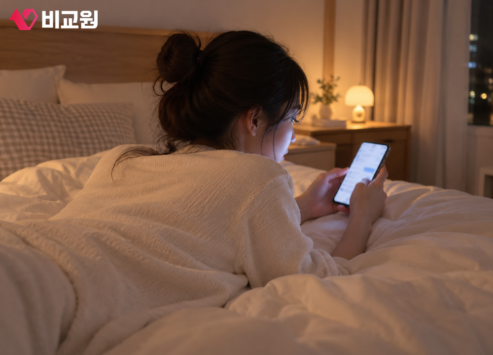 휴대폰을 손에 쥐고 문자 화면을 다시 확인하는 20대 여성의 어깨너머 모습