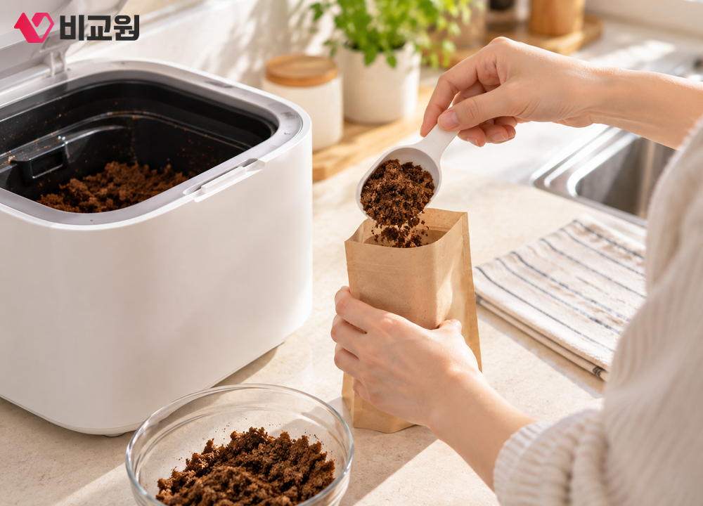 처리기 통에서 꺼낸 마른 가루를 작은 종이봉투에 옮겨 담는 손