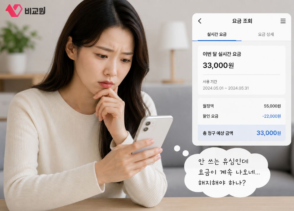 안 쓰는 유심 요금제 청구 계속되어 해지 고민하는 상황